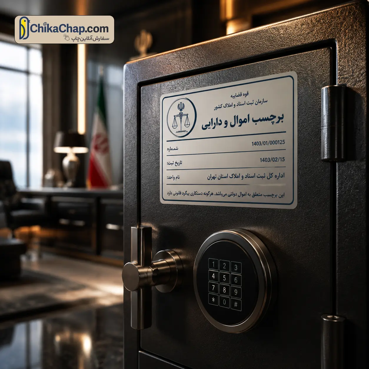 چاپ لیبل اموال امنیتی روی گاوصندوق اداری با طراحی حرفه ای و لوکس